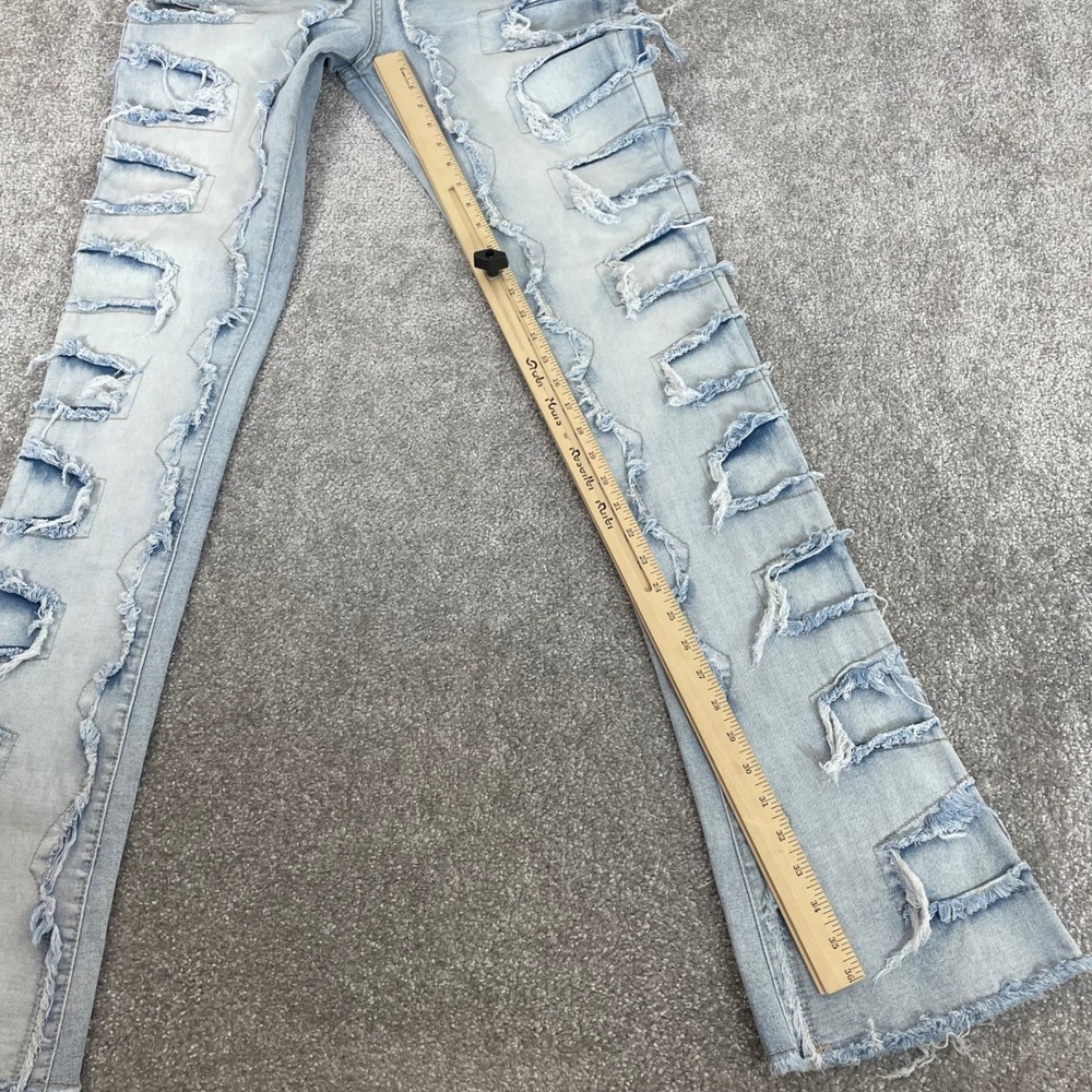 Guapi Jeans Mens 34 Distressed Patchwork Flare Light Wash Denim Frayed Street - Picture 12 of 14